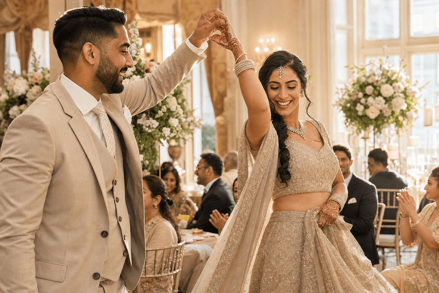 Couple celebrating at a beautiful wedding reception
