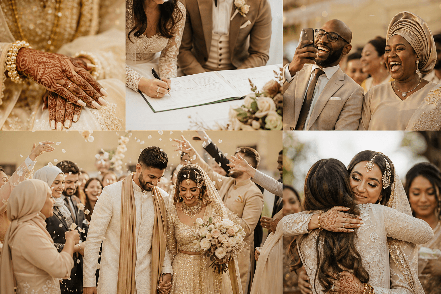 Multicultural UK wedding celebration — mehndi, registry, and reception